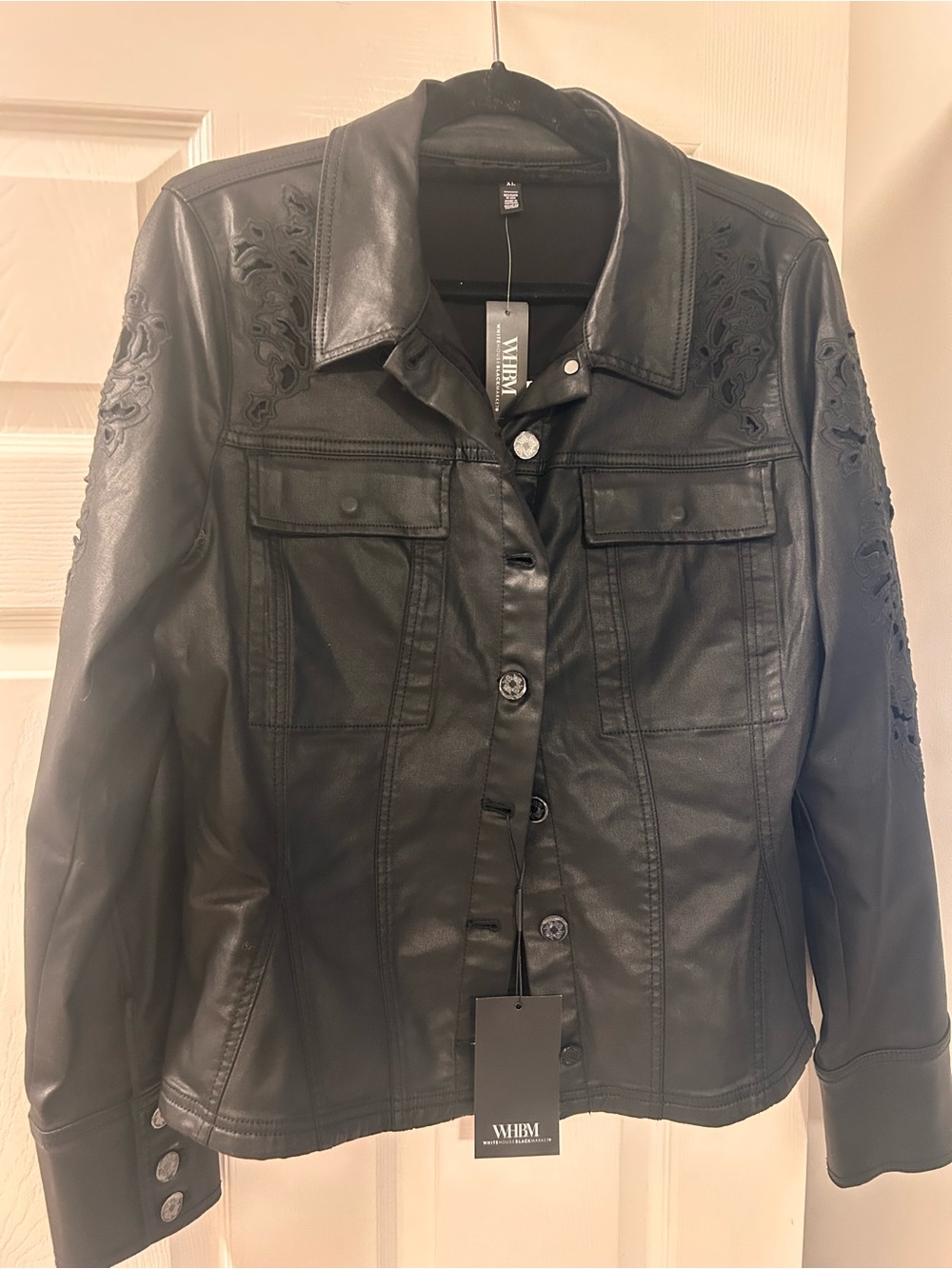 White House Black Market Black Faux Leather Embroidered Button Jacket
